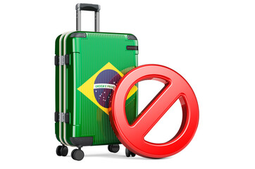 Brazil Entry Ban. Suitcase with Brazilian flag and prohibition sign. 3D rendering