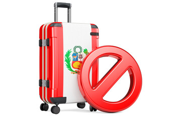 Peru Entry Ban. Suitcase with Peruvian flag and prohibition sign. 3D rendering