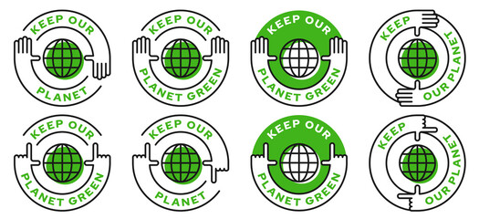 Set of conceptual environmental stamps, logos. Human nature conservation symbol. A call to keep our planet green. Vector elements.