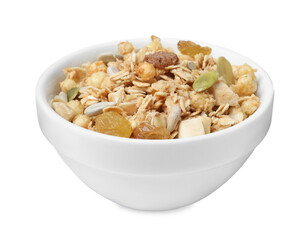 Granola in bowl on white background. Healthy snack