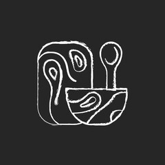 Wooden tableware chalk white icon on dark background. Food preparation tools. Accessories used for cooking food. Dinnerware for everyday usage. Isolated vector chalkboard illustration on black