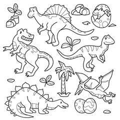 Coloring antistress page for adults 
and children. Dinosaur set.