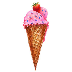 delicious watercolor illustration ice cream with strawberries in a waffle cone with strawberries berries and confectionery sprinkles