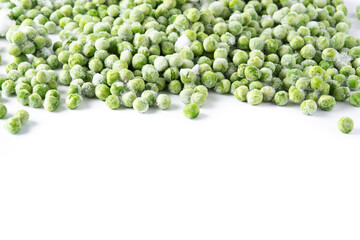 Frozen green peas isolated on white background. Copy space