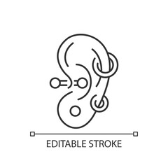 Ear piercing linear icon. Jewellery injected into human ears. Accessories made from materials. Thin line customizable illustration. Contour symbol. Vector isolated outline drawing. Editable stroke