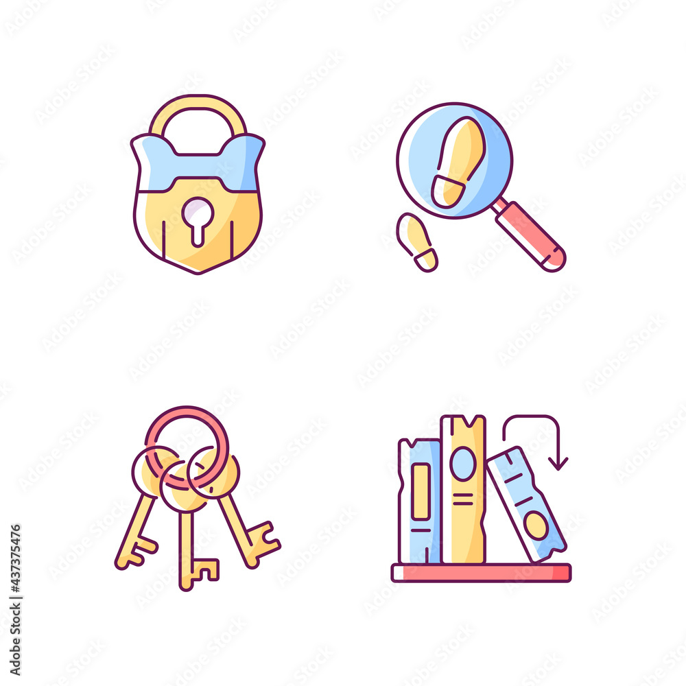 Poster solving mystery rgb color icons set. vintage padlock. keys on ring for lock. solving puzzles. part o