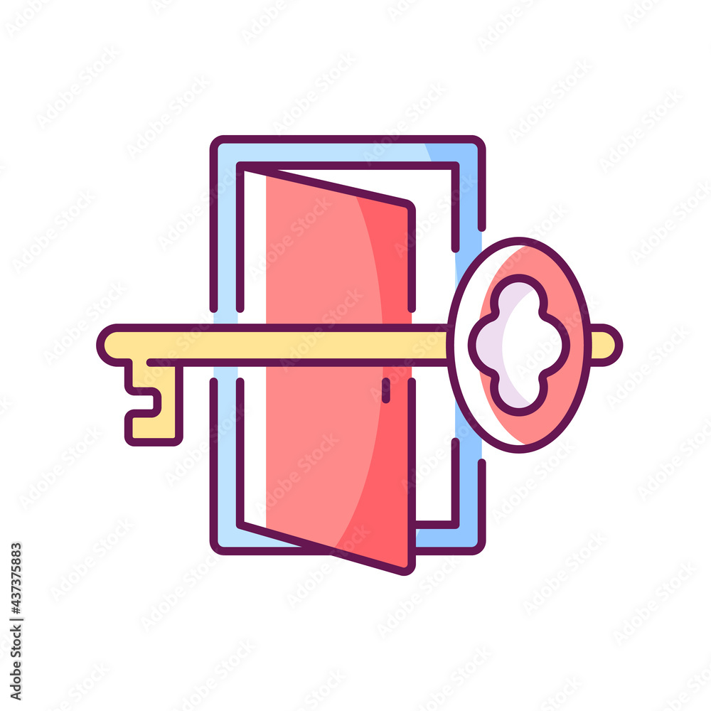 Poster finding key to get out rgb color icon. gain access to open door. solving puzzles, clues for riddles.