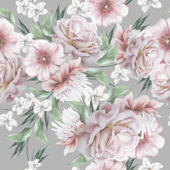 Bright seamless pattern with flowers. Rose. Watercolor illustration. Hand drawn. - 437376253