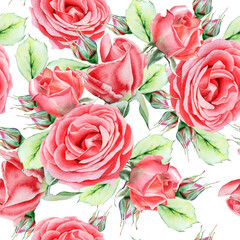 Bright seamless pattern with flowers. Rose. Watercolor illustration. Hand drawn. - 437376274