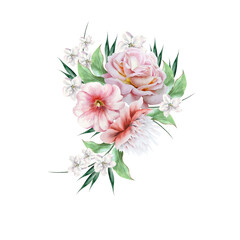 Watercolor bouquet with flowers. Rose.  Peony. Illustration.  Hand drawn.