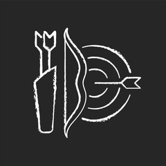 Archery chalk white icon on dark background. Using bow to shoot arrows. Hunting and recreational activity. Hitting target from distance. Isolated vector chalkboard illustration on black