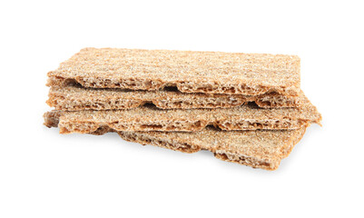Pieces of crunchy rye crispbreads on white background
