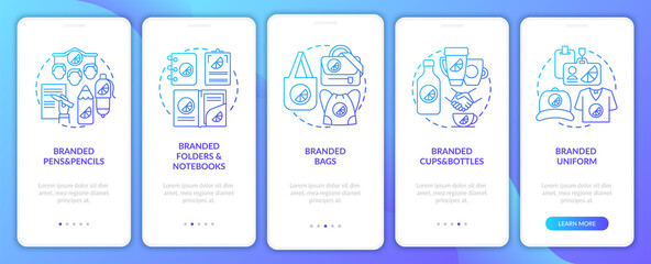 Corporate identity onboarding mobile app page screen with concepts. Branded bags, pens walkthrough 5 steps graphic instructions. UI, UX, GUI vector template with linear color illustrations