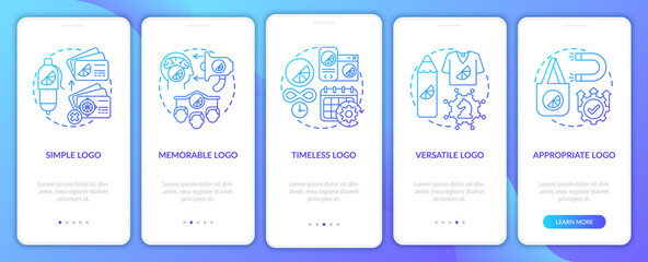 Logo design basis onboarding mobile app page screen with concepts. Simple, memorable logo walkthrough 5 steps graphic instructions. UI, UX, GUI vector template with linear color illustrations