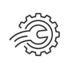 Maquinaria industrial. Logotipo engranaje con herramienta llave con lineas de velocidad en curva en color gris