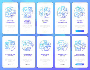 Corporate identity onboarding mobile app page screen with concepts set. Branded stationery walkthrough 5 steps graphic instructions. UI, UX, GUI vector template with linear color illustrations