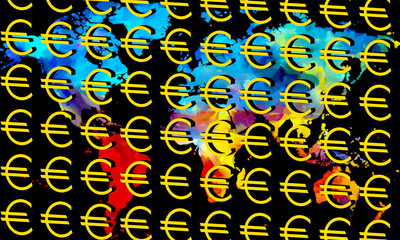 3D three-dimensional graphics of the euro, with the multicolored world in the background. Politics and trade, they use the European currency all over the world to be able to sell and buy anywhere.
