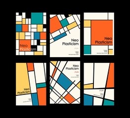 Modern set of covers, posters inspired by Mondrian s postmodern. Neoplasticism, Bauhaus.