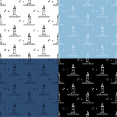 set of seamless patterns with Marine coastal lighthouse. Safe route in shipping area. Ornament for decoration and printing on fabric. Design element. Vector