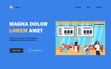 Happy passengers with luggage walking in airport with window and planes taking off outside. Vector illustration for travel, flight, transport, tourism concept