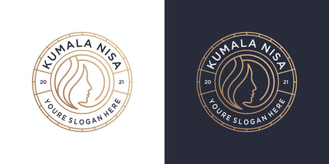 Minimalist women face with badge emblem logo. Beauty feminine salon, spa, cosmetics, skin care and make up artist logo design