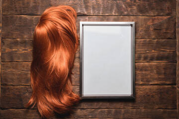 Hairdresser diploma certificate template. Empty picture frame and female long hair red wig on the...