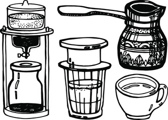Vector hand drawn doodles coffee objects set, cold bru teapot, americano cup, gezve, jezve, white coffee, vietnamese coffee