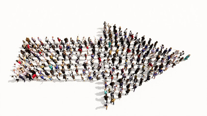 Concept conceptual large community of people forming the road sign. 3d illustration metaphor for navigation, strategy, journey, guidance, choice and decision