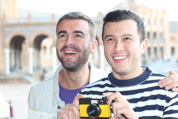 Beautiful gay couple traveling together 