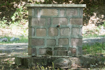 fountain on stone wall in woodland