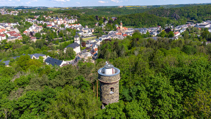 Blich auf die Stadt Waldheim mit dem Wachbergturm im Vordergrund