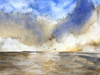 watercolor painting landscape sea and birds flying sunset or sunrise on the mountain island.	