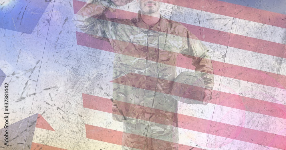 Poster Composition of male soldier saluting over american flag