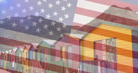 Fototapeta na wymiar Composition of houses and mountains over american flag