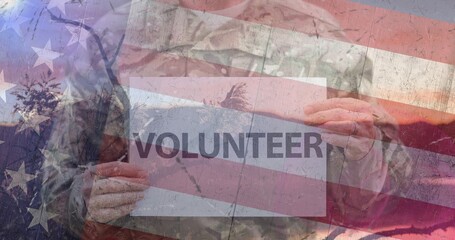 Composition of male soldier holding volunteer sign over american flag