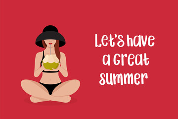 Summer greeting card. Red-haired girl in swimsuit and hat sits in lotus position and drinks coconut water from coconut. Handwritten text 