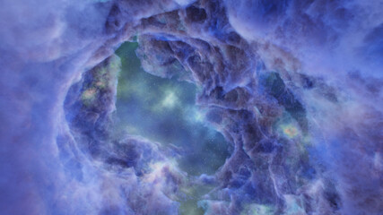 3D rendering of blue colorful nebula and cosmic gas clusters with stars in a distant galaxy.
