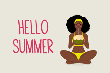 Summer greeting card. A black African girl in a swimsuit and glasses sits in the lotus position and drinks coconut water from a coconut. Handwritten text 