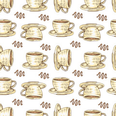Detailed hand-drawn sketch yellow coffee cups on the white background.