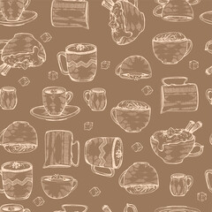 Detailed hand-drawn sketch coffee cups and desserts on the brown background, vector illustration.