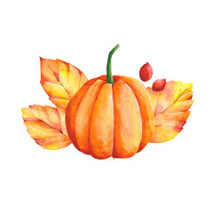 Watercolor fall composition. Orange pumpkin, leaves and red berries card. Fall botanical elements isolated on white background.