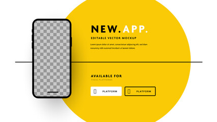 Clean smartphone mockup with yellow circle background, new app promotion, mobile marketing tool with place for photos, editable business template