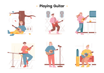 Group of people who play guitar in different places. The guy sits near a tree and plays the guitar. A girl stands near a microphone on stage with a guitar. People enjoy playing guitar.