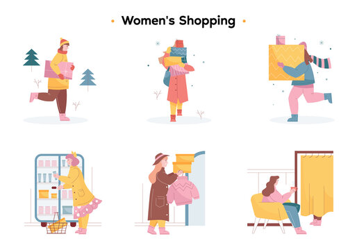 People carry new year shopping and gifts in boxes. The girl runs with huge gifts in her hands. A young girl with coffee sits on an armchair near the fitting room. Girls buy Christmas gifts in stores.
