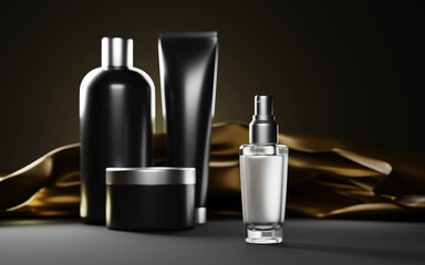 Cosmetic products for men on dark background with gold silk cloth mock up banner. Black empty shampoo bottle, tube of cream with silver cap, perfume glass, beard oil spray, 3d illustration packaging