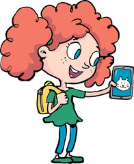 girl holding a mobile phone in her hand with a cat pet on the screen