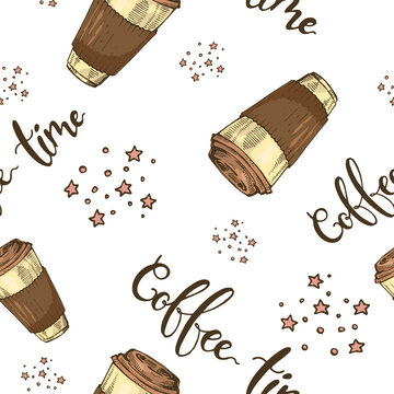 Seamless pattern with paper cups of coffee. Coffee time.