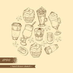 Hand drawn sketch of different coffee drinks and cakes.