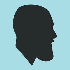 Grey silhouette of a male head. Flat illustration of face. Head icon. Silhouette of a bearded man. Guy avatar.