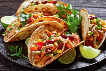 tacos with grilled chicken meat and veggies - obrazy, fototapety, plakaty